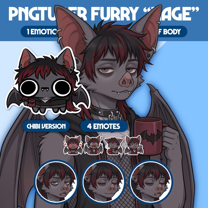 Puede incluir: Una ilustraci&oacute;n digital de un personaje tipo murci&eacute;lago con pelaje gris oscuro y cabello con mechas rojas. El personaje viste una sudadera negra, un collar de cadena y sostiene una taza granate con la silueta de un murci&eacute;lago.