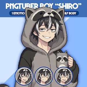 May include: An anime-style illustration of a character in a raccoon-themed hoodie, holding a matching mug. The character has black and white hair and is smiling. The image includes the text "PNGTUBER BOY 'SHIRO'" and "1 EMOTION HALF BODY".