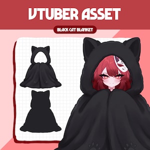 Puede incluir: Manta negra con forma de gato, con capucha y huellas de patas. La manta tiene orejas de gato en la capucha. El texto "VTUBER ASSET" y "BLACK CAT BLANKET" se muestran en la parte superior.