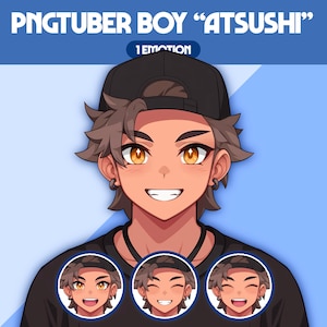 以下が含まれることがあります： 黒い帽子とシャツを着た、茶色の髪の笑顔の漫画の男の子のデジタルイラスト。画像には「PNGTUBER BOY 'ATSUSHI'」と「1 EMOTION」の文字が含まれています。さまざまな表情の男の子の3つの小さな画像が下にあります。