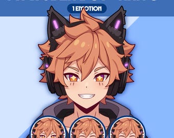 Puede incluir: Ilustración digital de un chico de dibujos animados con pelo naranja, auriculares con orejas de gato y una expresión sonriente. La imagen incluye el texto "PNGTUBER BOY 'KAITO'" y "1 EMOTION". Tres imágenes más pequeñas del chico con diferentes expresiones están en la parte inferior.