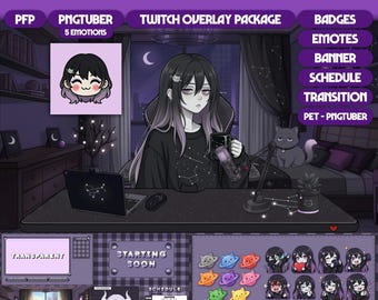 Modelo PNGTuber femenina / Modelo Vtuber prediseñada / Paquete de superposiciones para Twitch, insignias de suscripción/bit, emoticonos, alertas, paneles, transición, TF01 - Momo