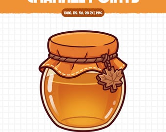 May include: A digital illustration of a glass jar filled with golden honey, featuring an orange fabric lid cover tied with a brown string and a small maple leaf charm. The text CHANNEL POINTS and 1000, 112, 56, 28 PX | PNG appear above.