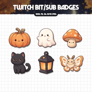 Op de afbeelding: Een set van zes digitale Twitch bit- en sub-badges met een pompoen, een spook, een paddenstoel, een zwarte kat, een lantaarn en een mot. De tekst TWITCH BIT/SUB BADGES en 1000, 72, 36, 18 PX | PNG staat bovenaan het raster.