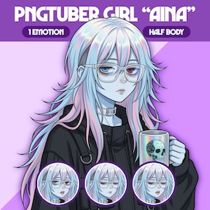 Puede incluir: Ilustración digital de una chica PNGTuber llamada "Aina" con cabello azul y rosa, gafas y una sudadera con capucha negra. Sostiene una taza con un diseño de calavera. La imagen incluye tres retratos más pequeños del personaje con diferentes expresiones.