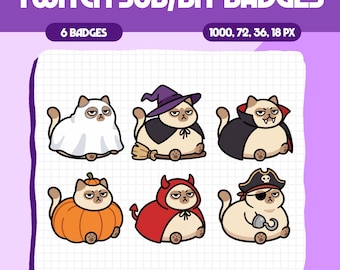 May include: A set of six digital Twitch sub and bit badges featuring a grumpy cat character in various costumes, including a ghost, a witch, a vampire, a pumpkin, a devil, and a pirate. The text reads TWITCH SUB/BIT BADGES, 6 BADGES, 1000, 72, 36, 18 PX.