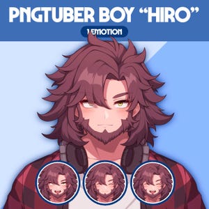 Puede incluir: Ilustración digital de un personaje llamado "Hiro" con cabello castaño largo y ondulado, barba y auriculares. El personaje lleva una camisa a cuadros roja y negra. Debajo de la imagen principal hay tres imágenes más pequeñas del personaje con diferentes expresiones. El texto en la parte superior dice "PNGTUBER BOY 'HIRO'" y "1 EMOTION".