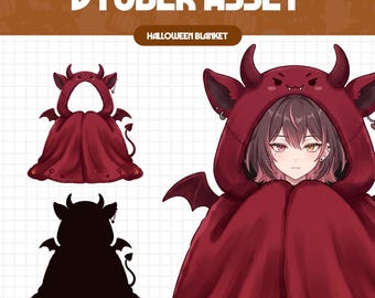 May include: A digital illustration of a VTuber asset featuring a dark red hooded blanket with devil horns, small wings, and a tail. The text VTUBER ASSET and HALLOWEEN BLANKET appear at the top. A character is shown wearing the blanket hood.