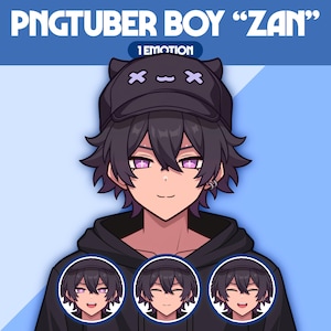 Op de afbeelding: Digitale illustratie van een personage genaamd "Zan" met donker haar, paarse ogen en een zwarte hoed. De afbeelding bevat de tekst "PNGTUBER BOY 'ZAN'" en "1 EMOTION". Drie kleinere afbeeldingen hieronder tonen verschillende gezichtsuitdrukkingen.