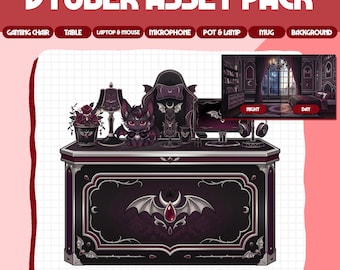 May include: A VTuber asset pack featuring a dark-themed desk, gaming chair, laptop, mouse, microphone, pot, lamp, mug, and background. The desk is decorated with bat and crescent moon motifs. A small inset shows the background in night and day versions.