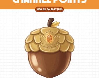 May include: A digital illustration of an acorn with a golden cap featuring a maple leaf design and a central amber-colored gem. The nut is a smooth, rounded brown shape with a dark brown stem at the top, set against a white grid background.