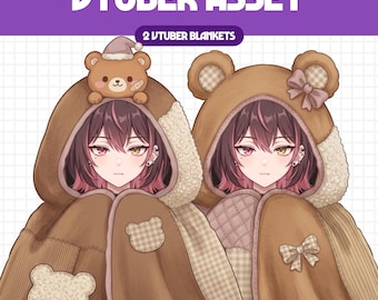 May include: Two digital illustrations of characters wearing brown bear-themed hooded blankets. The text VTUBER ASSET and 2 VTUBER BLANKETS appears at the top. The blankets feature bear ears, patches, bows, and textured fabric details.