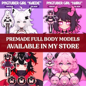 May include: Promotional image featuring four anime-style PNGTuber girl models. Each model is displayed with a full body pose and one emotion. The text "PREMADE FULL BODY MODELS AVAILABLE IN MY STORE" is prominently displayed.