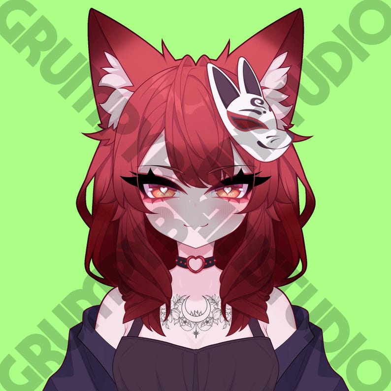 May include: Digital illustration of a character with red hair, fox ears, and a white mask. The character has a heart-shaped choker and a tattoo of a crescent moon and stars. The background is a solid green color with the word "GRUM" and "STUDIO" in the corners.