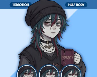 May include: Illustration of a PNGTuber character named "Nobu" with teal and red hair, wearing a black beanie and sweater. The character holds a mug that says "Morbidity". The image includes the text "1 Emotion" and "Half Body".