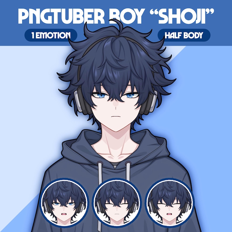 Op de afbeelding: Digitale illustratie van een blauwharig personage met een koptelefoon en een blauwe hoodie. De tekst "PNGTUBER BOY 'SHOJI'" staat bovenaan, met "1 EMOTION" en "HALF BODY" eronder. Drie kleinere afbeeldingen tonen verschillende gezichtsuitdrukkingen.