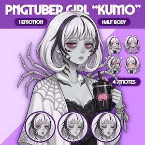 May include: Digital art of a character named "Kumo" with white hair and dark accents, holding a black tumbler with a pink flower design. The image includes various emotes and text: "PNGTUBER GIRL", "1 EMOTION", "HALF BODY", and "4 MOTES".