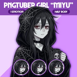 Puede incluir: Ilustración digital de una PNGTuber llamada "Miyu" con cabello negro y una sudadera con capucha negra con un diseño de telaraña. Sostiene una taza con un diseño de calavera. Incluye el texto "1 Emotion" y "Half Body".