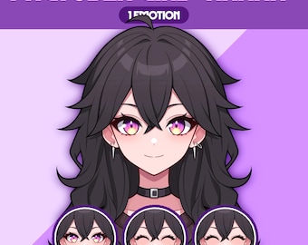 May include: Digital illustration of a PNGTuber girl named "Kanna" with long black hair and purple eyes. The image includes three smaller portraits showing different facial expressions. The text "1 EMOTION" is also present.