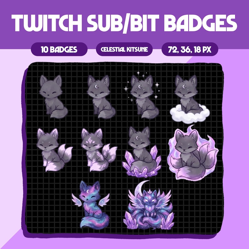 K&ouml;nnte beinhalten: Eine Sammlung von 10 Twitch Sub/Bit-Abzeichen mit himmlischen F&uuml;chsen in verschiedenen Posen. Die Abzeichen sind in Grau-, Lila- und Blaut&ouml;nen gehalten und mit Halbmonddetails versehen. Der Text "TWITCH SUB/BIT BADGES" steht oben.