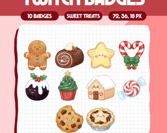 May include: A set of 10 Twitch badges with a sweet treats theme. The badges depict a gingerbread man, a chocolate log, a star biscuit, a candy cane heart, a Christmas pudding, a cupcake, a gingerbread house, a wrapped sweet, a cookie, and a pie.