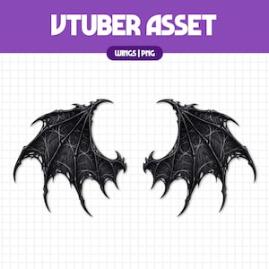 May include: A digital VTuber asset featuring a pair of symmetrical black bat-like wings with intricate, webbed skeletal structures and pointed tips. The text VTUBER ASSET and WINGS | PNG is displayed at the top against a purple background.