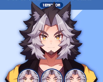Puede incluir: Ilustración digital de un personaje llamado "Daiki" con rasgos de lobo. El personaje tiene cabello gris y negro, ojos amarillos y perilla. La imagen incluye el texto "PNGTUBER BOY 'DAIKI'" y tres imágenes más pequeñas del personaje con diferentes expresiones.