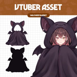 Könnte beinhalten: Eine digitale Illustration eines VTuber-Assets, das eine dunkelviolette Halloween-Decke mit einer Kapuze in Fledermausohren-Optik zeigt. Die Kapuze hat kleine Fledermausflügel an den Seiten und ein lächelndes Gesicht. Eine Figur trägt die Decke über den Schultern.