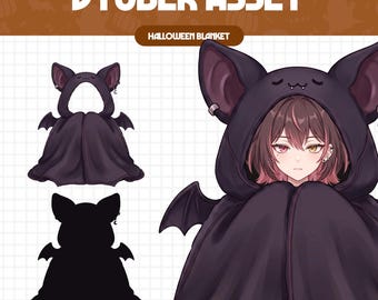 May include: A digital illustration of a VTuber asset featuring a dark purple Halloween blanket with a bat-eared hood. The hood includes small bat wings on the sides and a smiling face design. A character is shown wearing the blanket over their shoulders.