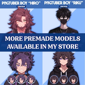 May include: Digital art featuring four anime-style character portraits. The top row displays "Hiro" with red hair and "Riku" with black hair and a mask. The bottom row shows two more characters with purple and black hair. Text reads "More Premade Models Available in My Store."
