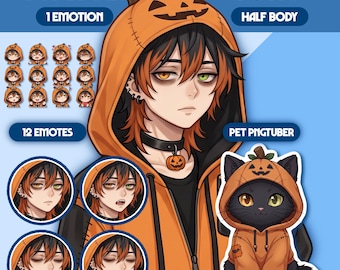 May include: Digital character asset set titled PNGTUBER BOY YORU featuring a half-body illustration of a character with heterochromia wearing an orange pumpkin hoodie, 12 small emotive icons, and a black cat pet character in a matching pumpkin hoodie.