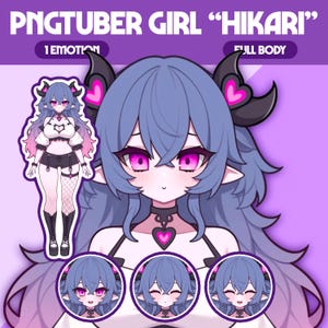 May include: Digital illustration of a PNGTuber girl named "Hikari" with blue hair, pink eyes, and black horns with pink heart accents. The image includes a full-body avatar and three smaller facial expressions. Text at the top reads "PNGTUBER GIRL 'HIKARI'" and "FULL BODY".
