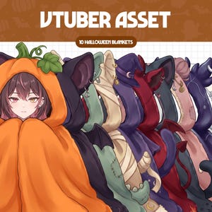 Op de afbeelding: Een digitale illustratie getiteld VTUBER ASSET 10 HALLOWEEN BLANKETS met een collectie van tien dekens met capuchon. De ontwerpen bevatten een pompoen, kattenoren, mummiewikkelingen, heksenhoeden en duivelshoorns in diverse kleuren.