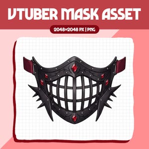 May include: A black VTuber mask asset featuring a central cage-like grille, decorative silver rivets, and embedded red diamond-shaped gems. The mask includes sharp, pointed side protrusions and dark red fabric straps on each side for attachment.