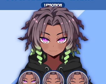 May include: Digital illustration of a character named "Isamu" with purple eyes and gray hair with green accents. The character is wearing a black hoodie. The image includes the text "PNGTUBER BOY 'ISAMU'" and "1 EMOTION".