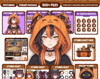 May include: A digital Mega Streamer Bundle featuring over 500 files including PNGtubers, Twitch emotes, and stream assets. The collection showcases anime-style characters in pumpkin hoodies, Halloween-themed overlays, and various character accessories.