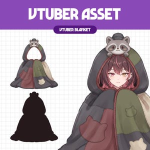 May include: A digital illustration of a VTuber asset featuring a hooded blanket with a raccoon design. The blanket has a patchwork pattern in dark gray, olive green, and maroon, with cat-shaped patches and a raccoon head on the hood.