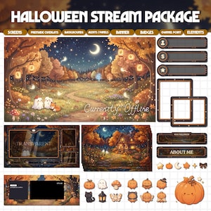 May include: A Halloween stream package featuring a forest scene with ghosts, a crescent moon, and autumn trees. Includes overlays, panels, banners, and icons like pumpkins, cats, and moths. Text includes HALLOWEEN STREAM PACKAGE and Currently Offline.