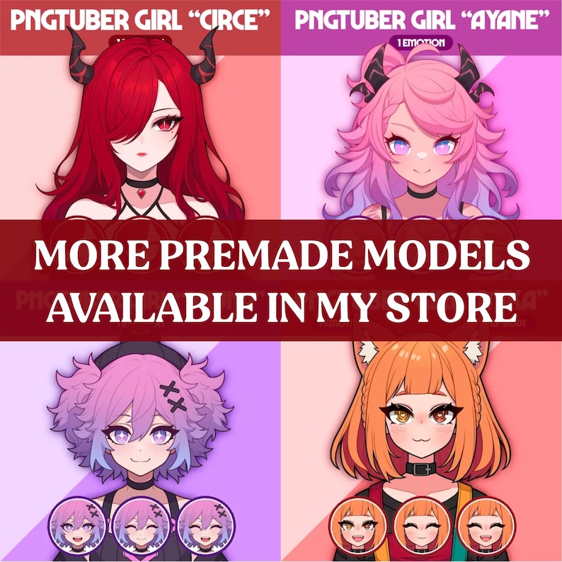 May include: Promotional image featuring four anime-style PNGTuber girl models. Each model has unique hair, horns, and expressions. The text overlay reads "MORE PREMADE MODELS AVAILABLE IN MY STORE."