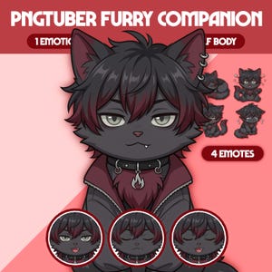 Puede incluir: Ilustración digital de un personaje de gato negro con reflejos rojos, que lleva collar y pendientes. La imagen incluye el texto "PNGTUBER FURRY COMPANION" y muestra cuatro emotes diferentes.
