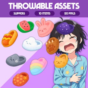 May include: An illustration featuring various slipper designs, including a watermelon, bunny, cloud, paw print, cat, and heart. The image also includes the text "THROWABLE ASSETS," "SLIPPERS," "10 ITEMS," and "20 PNGS."