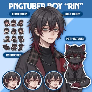 May include: Digital art featuring a PNGTuber boy named "RIN" with black hair and red highlights. The image includes 12 emotes and a pet PNGTuber cat. Text on the image reads "1 EMOTION", "HALF BODY", and "PET PNGTUBER".