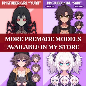 K&ouml;nnte beinhalten: Werbebild mit vier Anime-PNGTuber-Girl-Modellen. Das Bild enth&auml;lt den Text "PNGTUBER GIRL" und "MORE PREMADE MODELS AVAILABLE IN MY STORE". Jedes Modell hat einzigartige Haar- und Augenfarben sowie Outfits mit zus&auml;tzlichen Gesichtsausdr&uuml;cken.