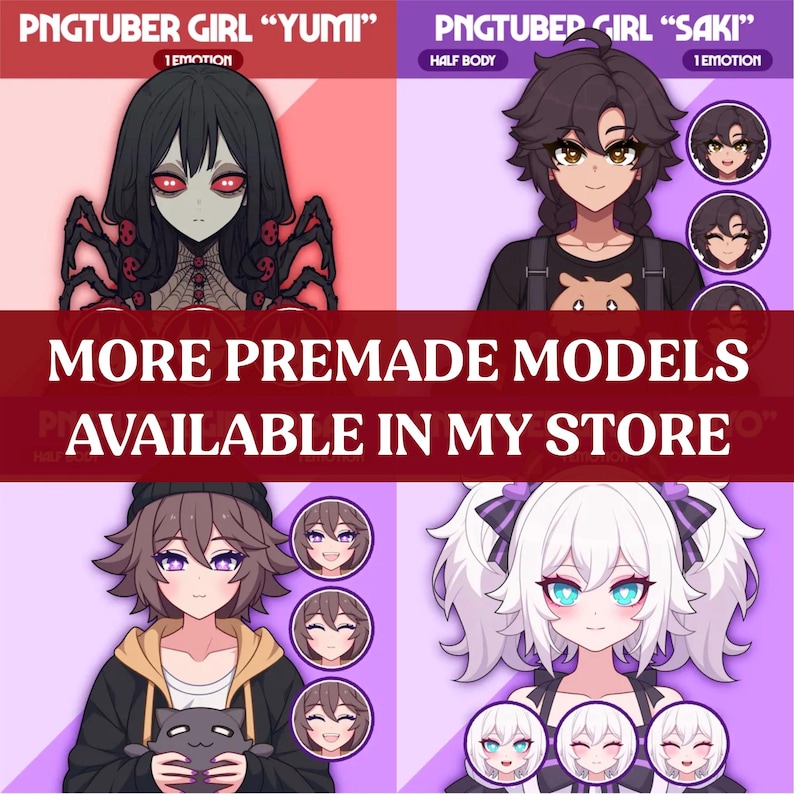 K&ouml;nnte beinhalten: Werbebild mit vier Anime-PNGTuber-Girl-Modellen. Das Bild enth&auml;lt den Text "PNGTUBER GIRL" und "MORE PREMADE MODELS AVAILABLE IN MY STORE". Jedes Modell hat einzigartige Haar- und Augenfarben sowie Outfits mit zus&auml;tzlichen Gesichtsausdr&uuml;cken.