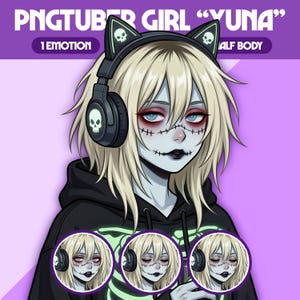 May include: Digital illustration of a character named "Yuna" with pale skin, blue eyes, and stitched facial features. She wears a black hoodie and headphones with skull accents. The image includes the text "PNGTUBER GIRL" and "1 EMOTION HALF BODY".