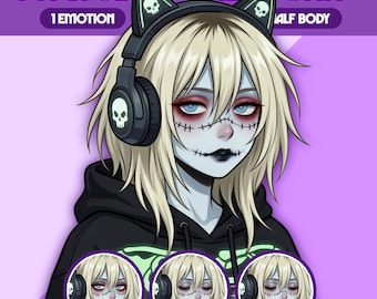 May include: Digital illustration of a character named "Yuna" with pale skin, blue eyes, and stitched facial features. She wears a black hoodie and headphones with skull accents. The image includes the text "PNGTUBER GIRL" and "1 EMOTION HALF BODY".