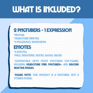Puede incluir: Un gr&aacute;fico informativo digital titulado WHAT IS INCLUDED? que enumera 2 PNGtubers con 1 expresi&oacute;n neutral, archivos Veadotube mini, 4 PNG de 2048x2048 y 4 emotes en tama&ntilde;os 1000x1000, 112x112, 56x56 y 28x28 p&iacute;xeles para compatibilidad de software.