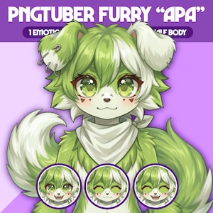 Puede incluir: Ilustración digital de un personaje peludo verde y blanco con ojos grandes, que lleva una bufanda blanca y pendientes. La imagen incluye el texto "PNGTUBER FURRY 'APA'" y tres imágenes circulares más pequeñas del personaje con diferentes expresiones.