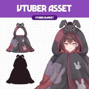 May include: A digital illustration of a VTuber asset featuring a hooded blanket with a rabbit theme. The blanket is dark gray and maroon with light gray rabbit silhouettes. A cartoon character wears the blanket, which has a plush rabbit hood.