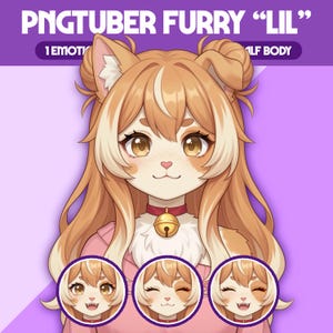 以下が含まれることがあります： 茶色と白の毛皮、大きな目、金色のベルが付いたピンク色の首輪を持つ、毛むくじゃらのキャラクターのデジタルイラスト。 画像には「PNGTUBER FURRY 'LIL'」というテキストと、さまざまな表情のキャラクターの3つの小さな円形画像が含まれています。